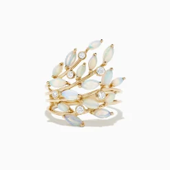 Rings|BH Multi Aurora 14K Yellow Gold Opal and Diamond Filagree Leaf Ring, 1.81 TCW