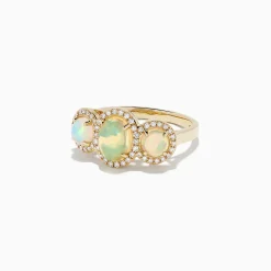 Rings|BH Multi Aurora 14K Yellow Gold Three Stone Opal and Diamond Ring, 2.39 TCW