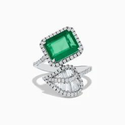 Rings|Effy Jewelry Brasilica 14K White Gold Emerald and Diamond Leaf Ring