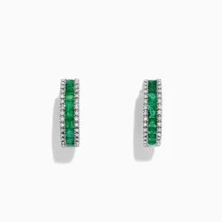 Earrings|Effy Jewelry Brasilica 14K White Gold Emerald and Diamond Hoop Earrings, 2.04 TCW