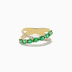 Rings|Effy Jewelry Braslica 14K Yellow Gold Emerald and Diamond Crossover Ring