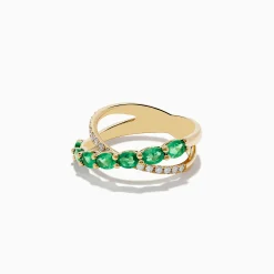 Rings|Effy Jewelry Braslica 14K Yellow Gold Emerald and Diamond Crossover Ring