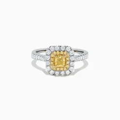 Rings|BH Multi Canare 18K Two Tone Gold Cushion Double Halo Yellow Diamond Ring, 0.97 TCW