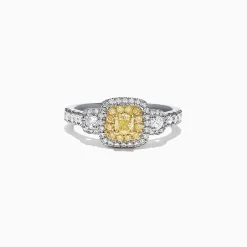 Rings|Effy Jewelry Canare 18K Two-Tone Gold Cushion Double Halo Yellow Diamond Ring, 0.96 TCW