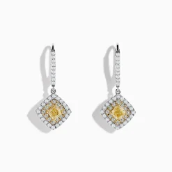 Earrings|Effy Jewelry Canare 18K Two-Tone Gold Cushion Shaped Double Halo Yellow Diamond Drop Earrings