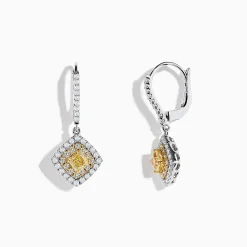 Earrings|Effy Jewelry Canare 18K Two-Tone Gold Cushion Shaped Double Halo Yellow Diamond Drop Earrings