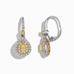 Earrings|Effy Jewelry Canare 18K Two-Tone Gold Double Halo Pear Shaped Yellow Diamond Earrings, 0.99 TCW