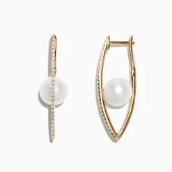 Earrings|Effy Jewelry 14K Gold Cultured Fresh Water Pearl u0026 Diamond Hoop Earrings, 0.20 TCW
