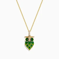 Necklaces & Pendants|Effy Jewelry 14K Gold Diamond Green and Yellow Enamel Owl Pendant