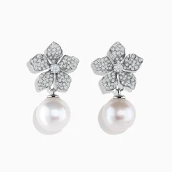 Earrings|Effy Jewelry 14K White Gold Diamond Flower and Fresh Water Pearl Drop Earrings