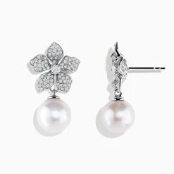 Earrings|Effy Jewelry 14K White Gold Diamond Flower and Fresh Water Pearl Drop Earrings