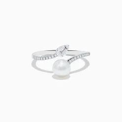 Rings|Effy Jewelry 14K White Gold Fresh Water Pearl and Diamond By Pass Ring