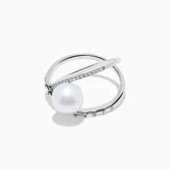 Rings|Effy Jewelry 14K White Gold Fresh Water Pearl and Diamond Criss Cross Ring