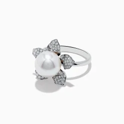 Rings|Effy Jewelry 14K White Gold Fresh Water Pearl and Diamond Flower Ring
