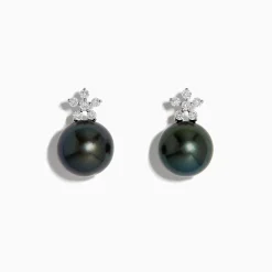 Earrings|Effy Jewelry 14K White Gold Tahitian Pearl and Diamond Earrings 9-10 mm