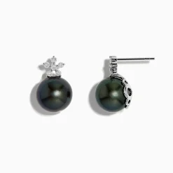 Earrings|Effy Jewelry 14K White Gold Tahitian Pearl and Diamond Earrings 9-10 mm