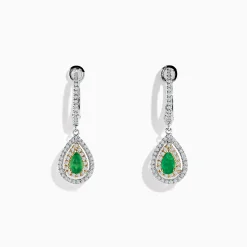 Earrings|Effy Jewelry 14K White u0026 Yellow Gold Pear Shaped Double Diamond Halo Emerald Drop Earrings