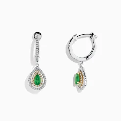 Earrings|Effy Jewelry 14K White u0026 Yellow Gold Pear Shaped Double Diamond Halo Emerald Drop Earrings