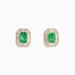 Earrings|BH Multi 14K Yellow Gold Baguette Diamond Halo Emerald Stud Earrings