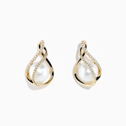 Earrings|Effy Jewelry 14K Yellow Gold Diamond Fresh Water Pearl Drop Earrings
