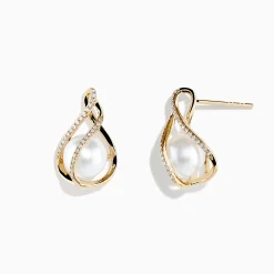 Earrings|Effy Jewelry 14K Yellow Gold Diamond Fresh Water Pearl Drop Earrings