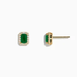 Earrings|Effy Jewelry 14K Yellow Gold Diamond Halo Emerald Stud Earrings