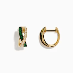 Earrings|Effy Jewelry 14K Yellow Gold Emerald and Diamond Crossover Hoop Earrings 1/2"