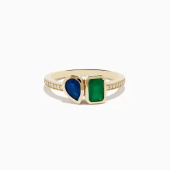 Rings|Effy Jewelry 14K Yellow Gold Emerald and Sapphire Toi Et Moi Diamond Ring