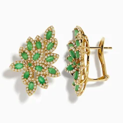 Earrings|Effy Jewelry 14K Yellow Gold French Clip Emerald and Diamond Statement Earrings, 2.95 TCW