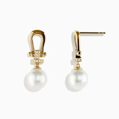 Earrings|Effy Jewelry 14K Yellow Gold Fresh Water Pearl and Diamond Horseshoe Drop Earrings