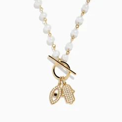 Necklaces & Pendants|Effy Jewelry 14K Yellow Gold Fresh Water Pearl and Diamond Evil Eye Necklace