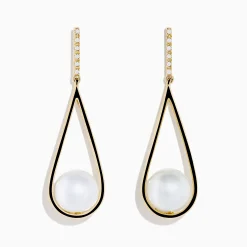 Earrings|Effy Jewelry 14K Yellow Gold Fresh Water Pearl and Diamond Drop Earrings