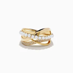 Rings|Effy Jewelry 14K Yellow Gold Fresh Water Pearl and Diamond Criss Cross Ring