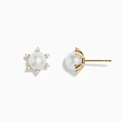 Earrings|Effy Jewelry 14K Yellow Gold Fresh Water Pearl and Diamond Earrings