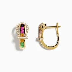 Earrings|Effy Jewelry 14K Yellow Gold Multi Color Sapphire and Diamond Horseshoe Hoop Earrings