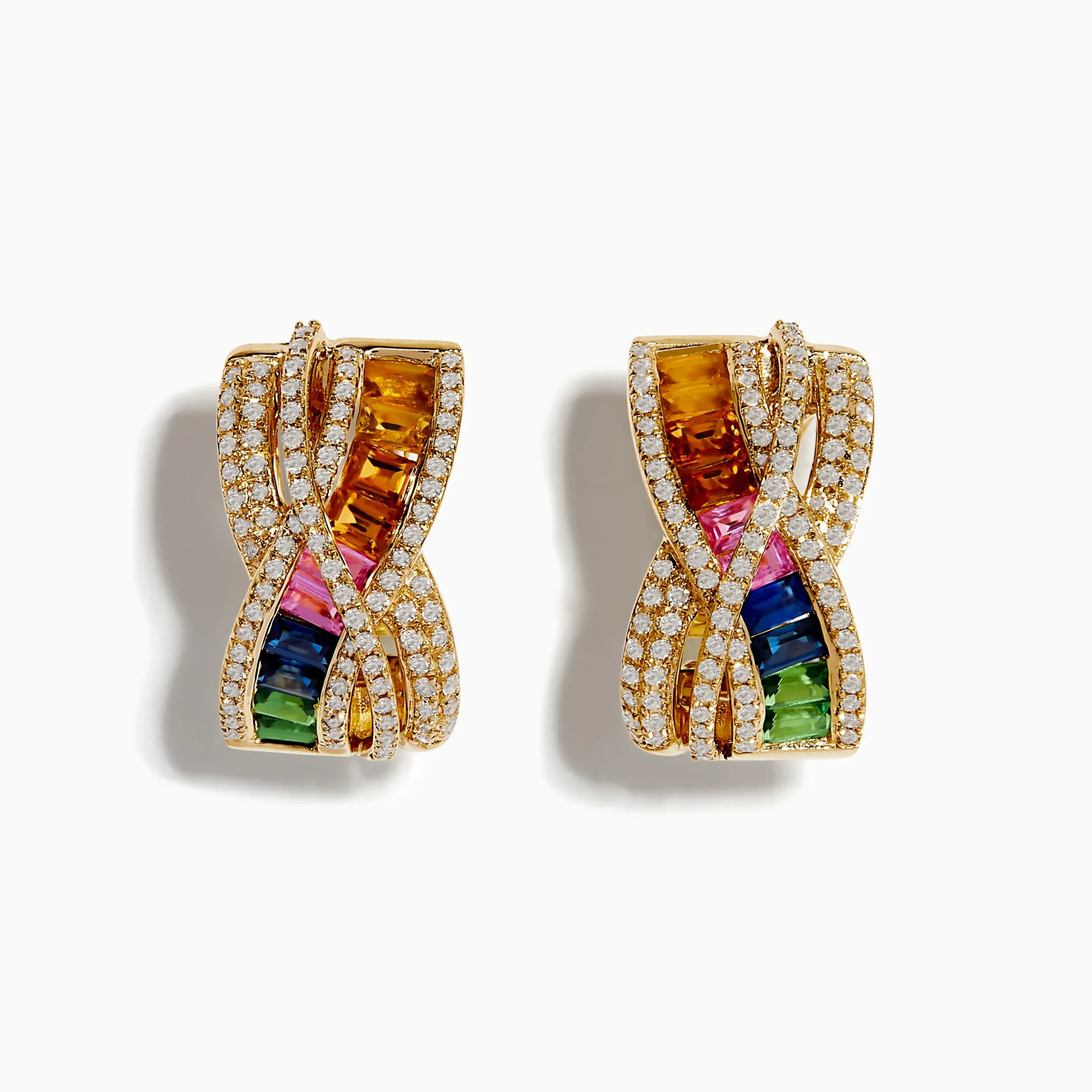 Earrings|Effy Jewelry 14K Yellow Gold Multi Color Sapphire and Diamond Crossover Hoop Earrings