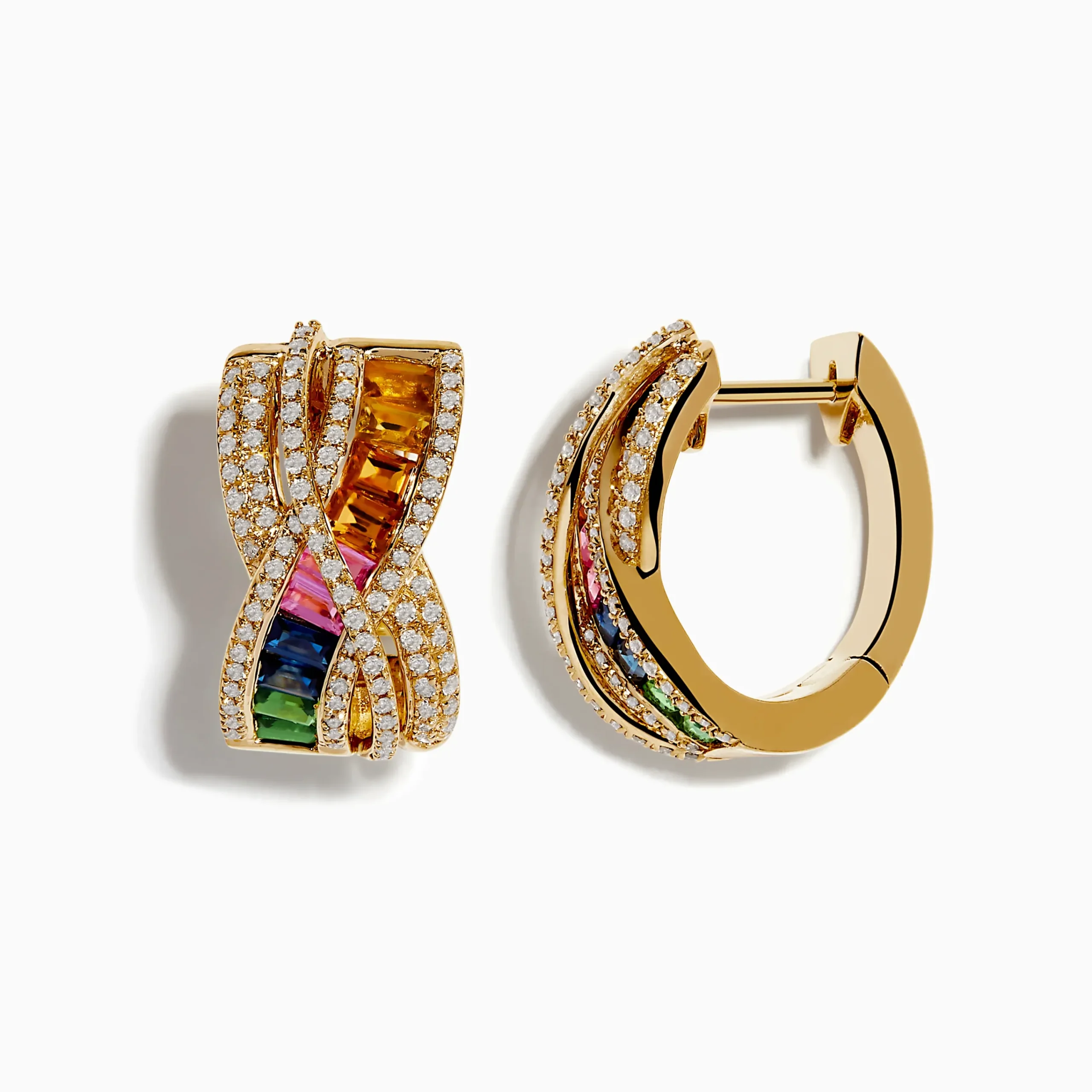 Earrings|Effy Jewelry 14K Yellow Gold Multi Color Sapphire and Diamond Crossover Hoop Earrings