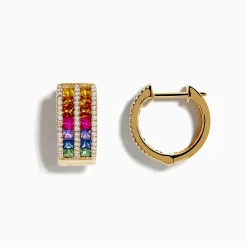 Earrings|Effy Jewelry 14K Yellow Gold Multi Color Sapphire and Diamond Hoop Earrings