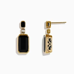 Earrings|Effy Jewelry 14K Yellow Gold Onyx and Diamond Bezel Drop Earrings