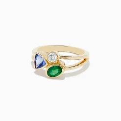 Rings|BH Multi 14K Yellow Gold Tri Stone Diamond, Emerald and Tanzanite Ring