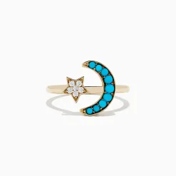 Rings|BH Multi 14K Yellow Gold Turquoise and Diamond Moon and Star Ring, 0.32 TCW