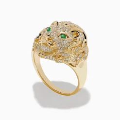 Mens|Effy Jewelry Men's 14K Yellow Gold Emerald and Diamond Lion Ring