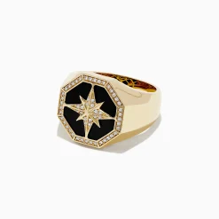Mens|BH Multi Men's 14K Yellow Gold Onyx and Diamond Star Ring, 0.21 TCW