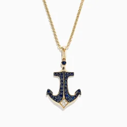 Mens|Effy Jewelry Men's 14K Yellow Gold Sapphire and Diamond Anchor Pendant, 0.96 TCW