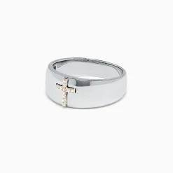 Mens|Effy Jewelry Men's Sterling Silver and 14K Gold Diamond Cross Ring, 0.06 TCW
