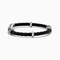 Mens|BH Multi Men's Sterling Silver and Leather Onyx Bracelet, 13.00