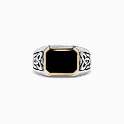 Mens|Effy Jewelry Men's Sterling Silver and 14K Yellow Gold Onyx Ring, 3.40 TCW