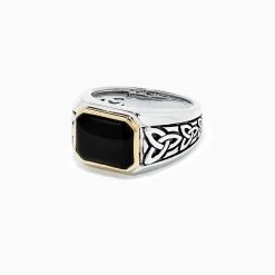 Mens|Effy Jewelry Men's Sterling Silver and 14K Yellow Gold Onyx Ring, 3.40 TCW