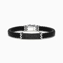 Mens|Effy Jewelry Men's Sterling Silver Black Spinel Leather Bracelet, 2.11 TCW