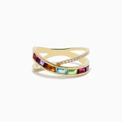 Rings|BH Multi Mosaic 14K Yellow Gold Multi Stone and Diamond Crossover Ring